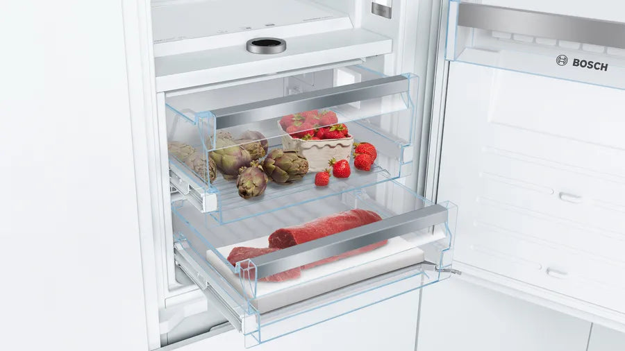 Bosch 800 Series, built-in fridge-freezer with freezer at bottom, soft close flat hing