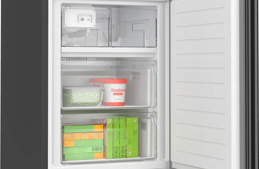 Bosch 800 Series, free-standing fridge-freezer with freezer at bottom, glass door, 24'