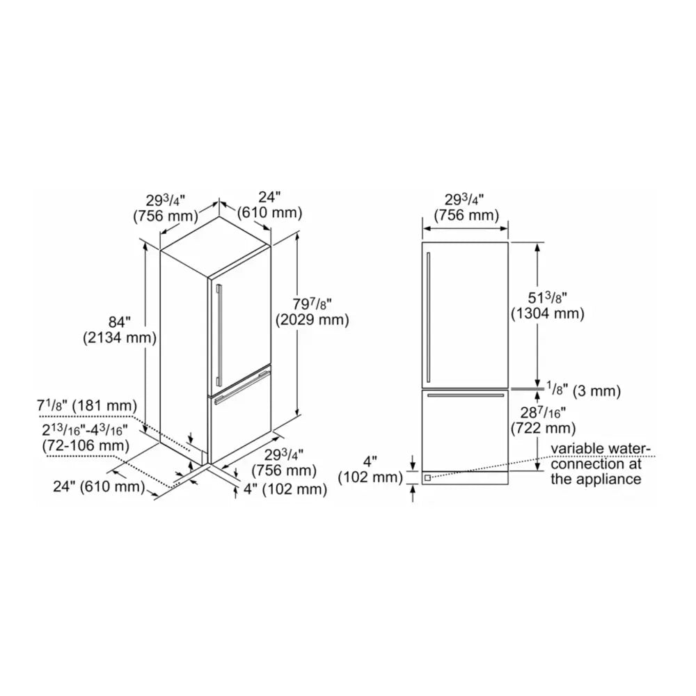 Bob Martin Benchmark®, built-in fridge-freezer with freezer at bottom, 30'', flat hinge