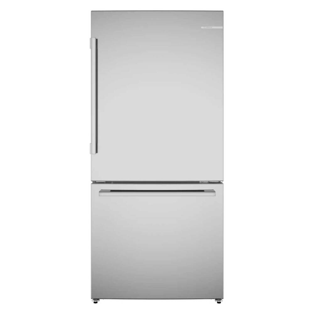Bosch 100 Series, free-standing fridge-freezer with freezer at bottom, Brushed steel (