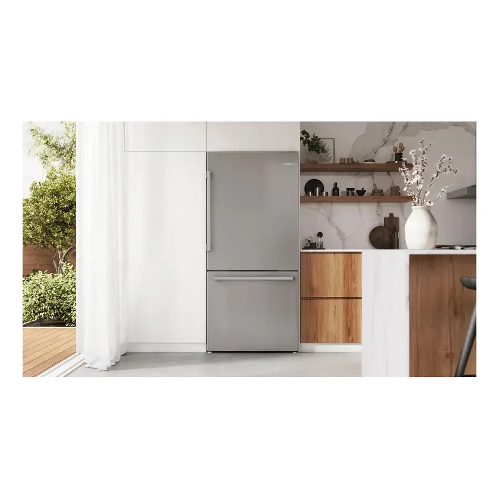 Bosch 100 Series, free-standing fridge-freezer with freezer at bottom, Brushed steel (