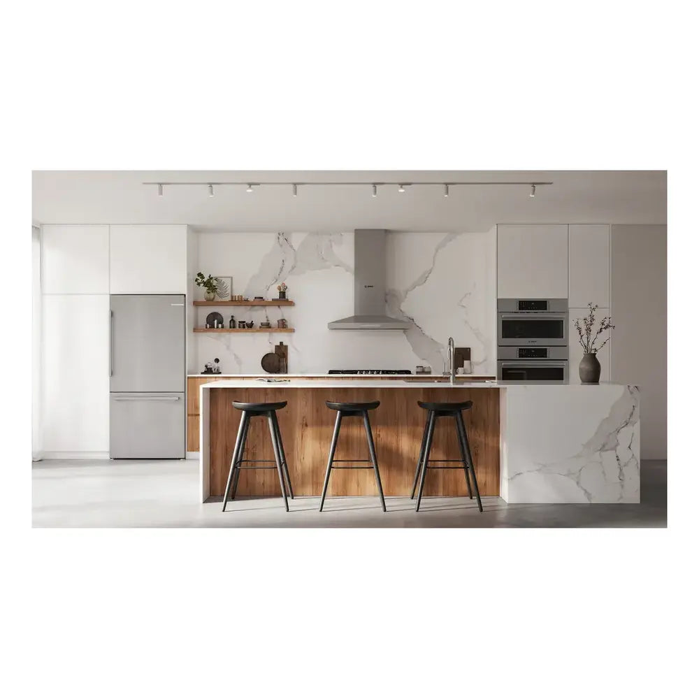 Bosch 100 Series, free-standing fridge-freezer with freezer at bottom, Brushed steel (