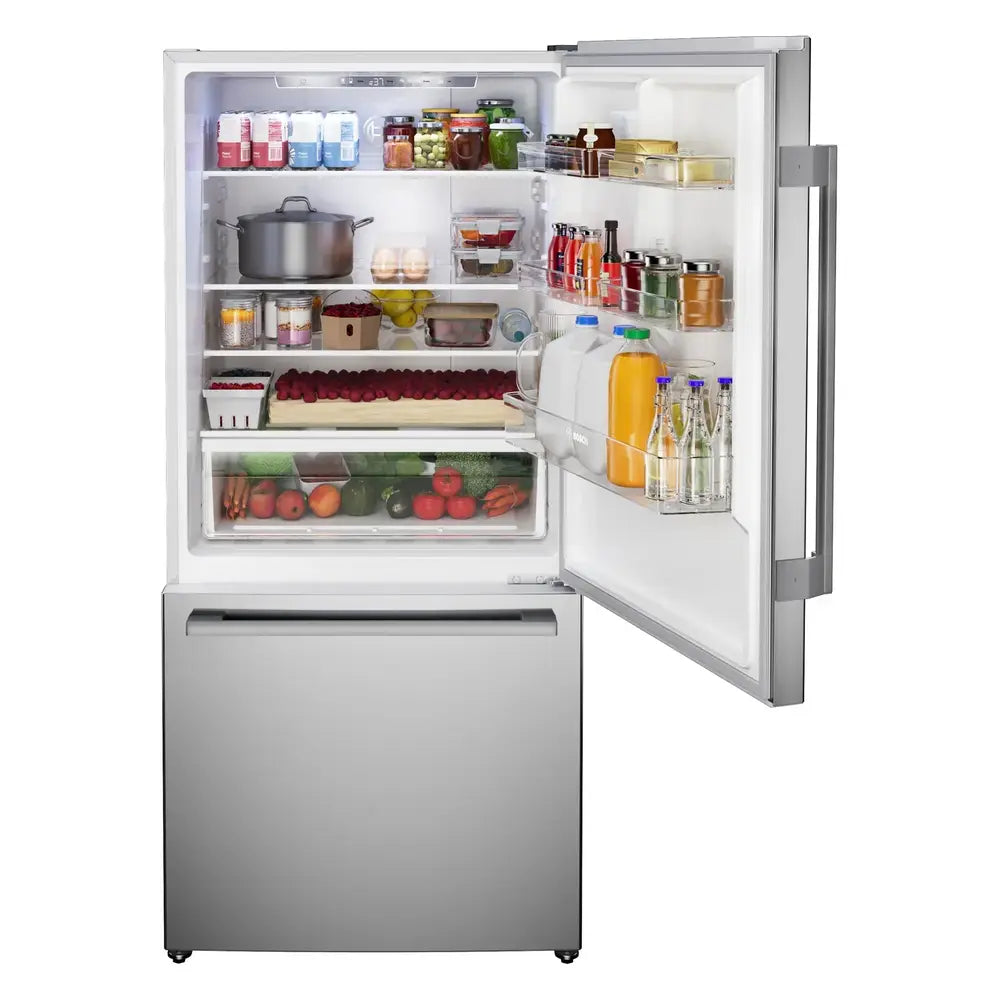 Bosch 100 Series, free-standing fridge-freezer with freezer at bottom, Brushed steel (