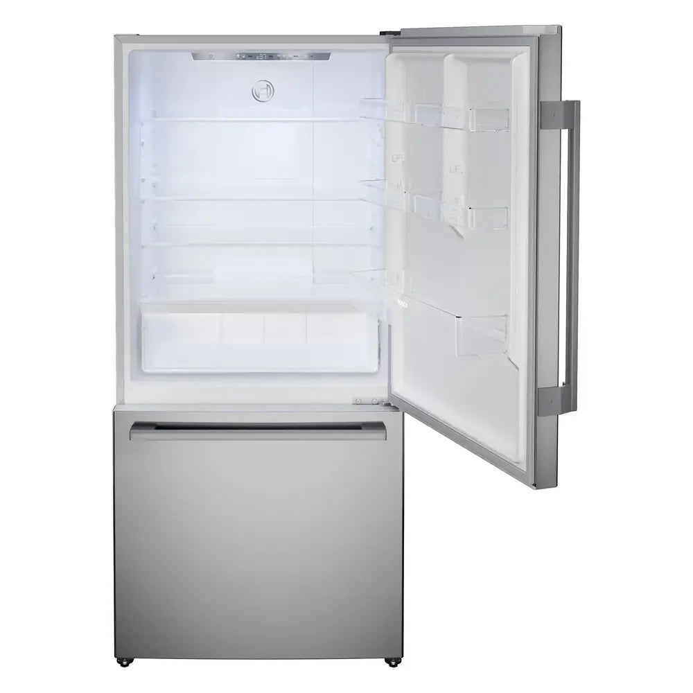 Bosch 100 Series, free-standing fridge-freezer with freezer at bottom, Brushed steel (