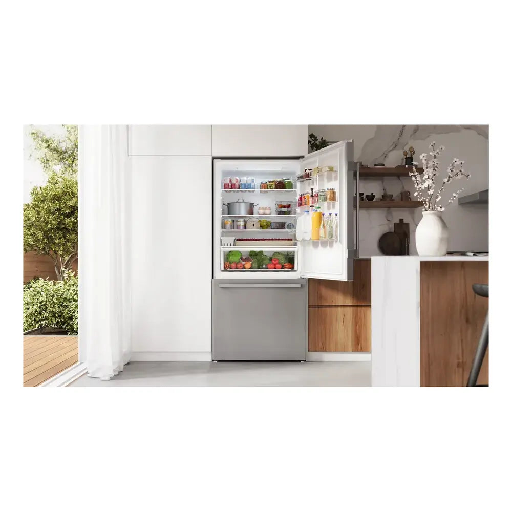 Bosch 100 Series, free-standing fridge-freezer with freezer at bottom, Brushed steel (