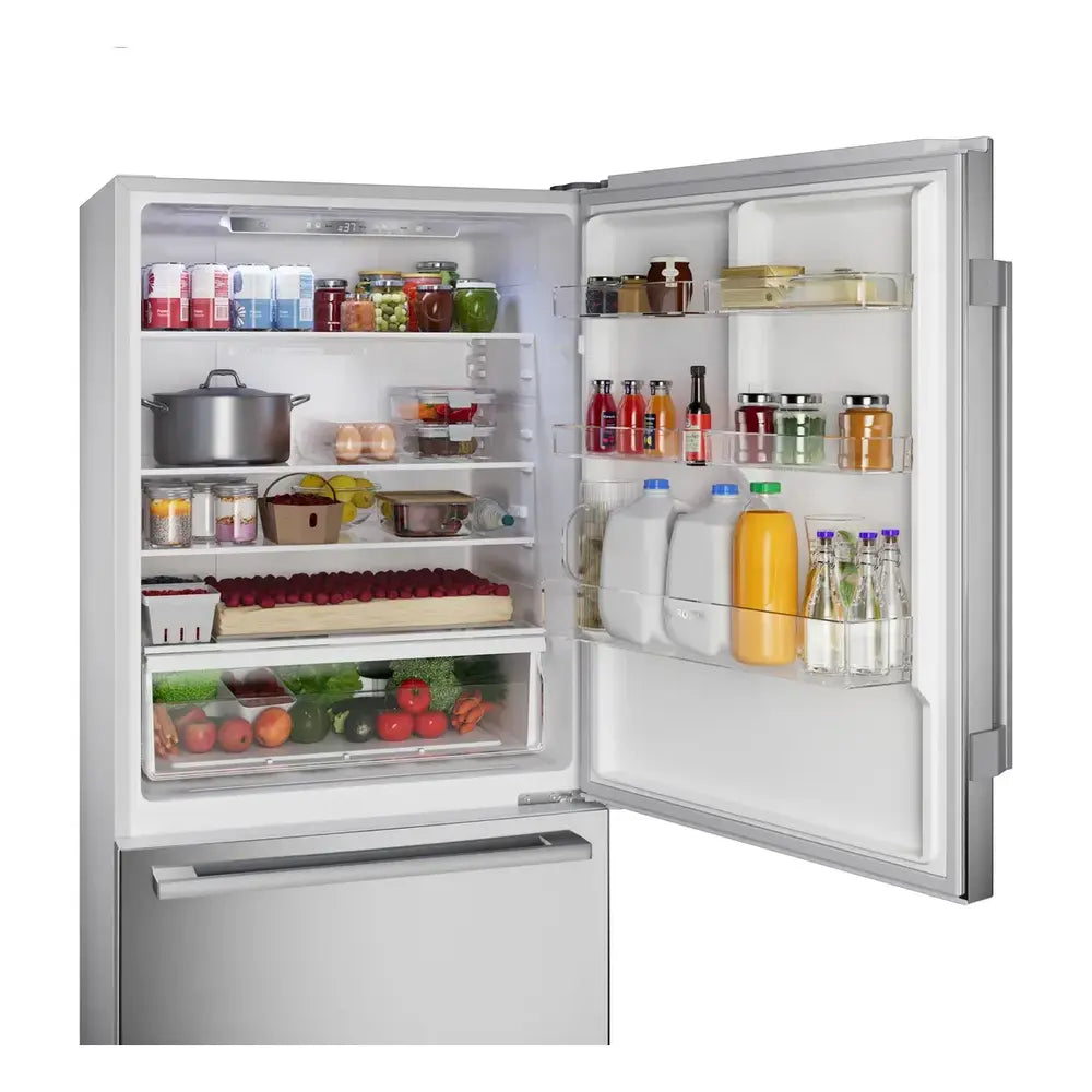 Bosch 100 Series, free-standing fridge-freezer with freezer at bottom, Brushed steel (