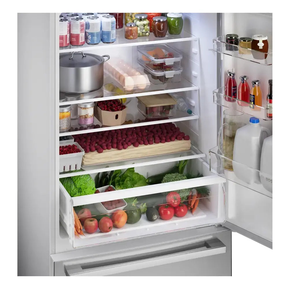 Bosch 100 Series, free-standing fridge-freezer with freezer at bottom, Brushed steel (