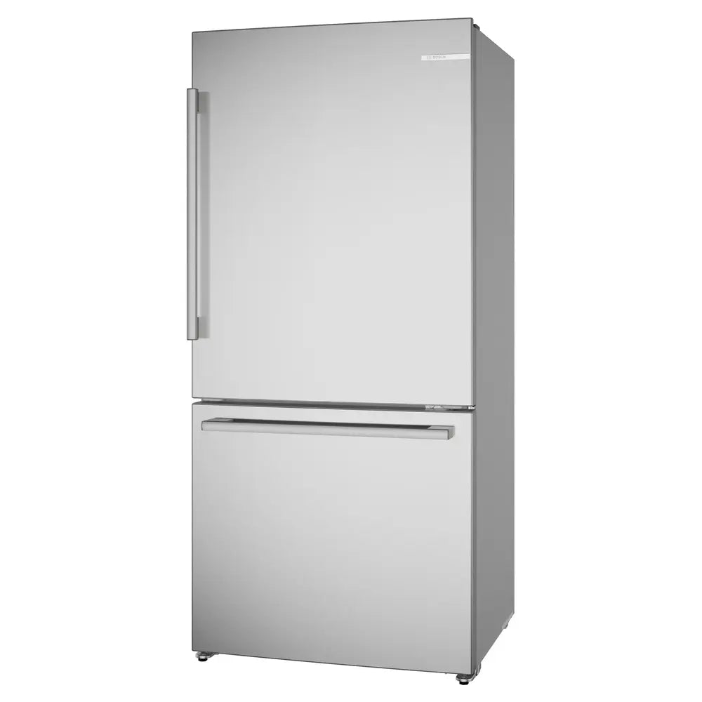 Bosch 100 Series, free-standing fridge-freezer with freezer at bottom, Brushed steel (