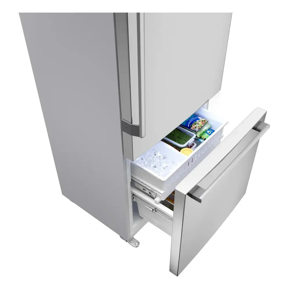 Bosch 100 Series, free-standing fridge-freezer with freezer at bottom, Brushed steel (