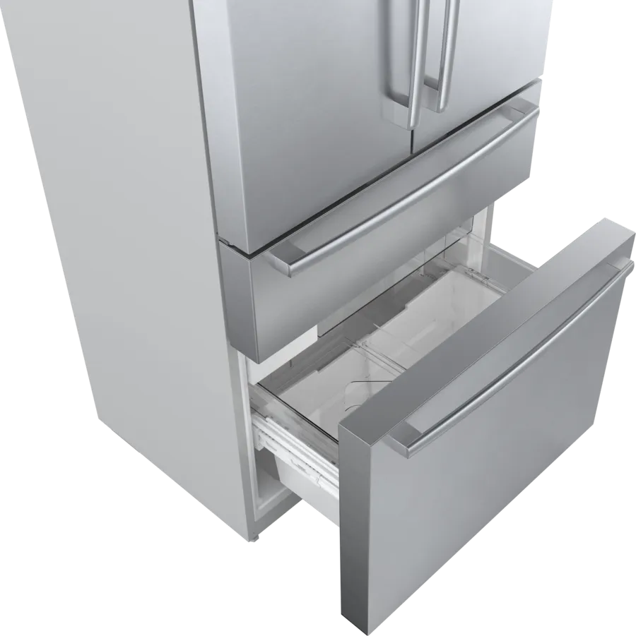 Bosch 800 Series, French Door Bottom freezer, multi door, 36'', Brushed steel (with an