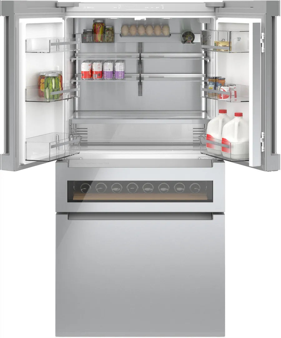 Bosch 800 Series, French Door Bottom Mount Refrigerator, Glass door, 36'', Stainless s