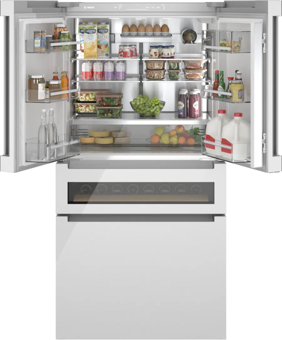 Bosch 800 Series, French Door Bottom Mount Refrigerator, Glass door, 36'', White, Tota