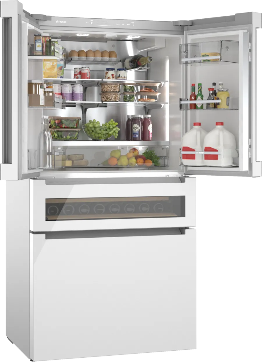 Bosch 800 Series, French Door Bottom Mount Refrigerator, Glass door, 36'', White, Tota