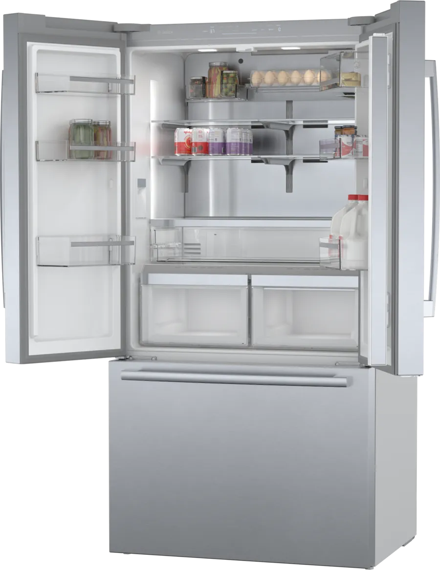 Bosch 800 Series, French Door Bottom freezer, multi door, 36'', Brushed steel (with an