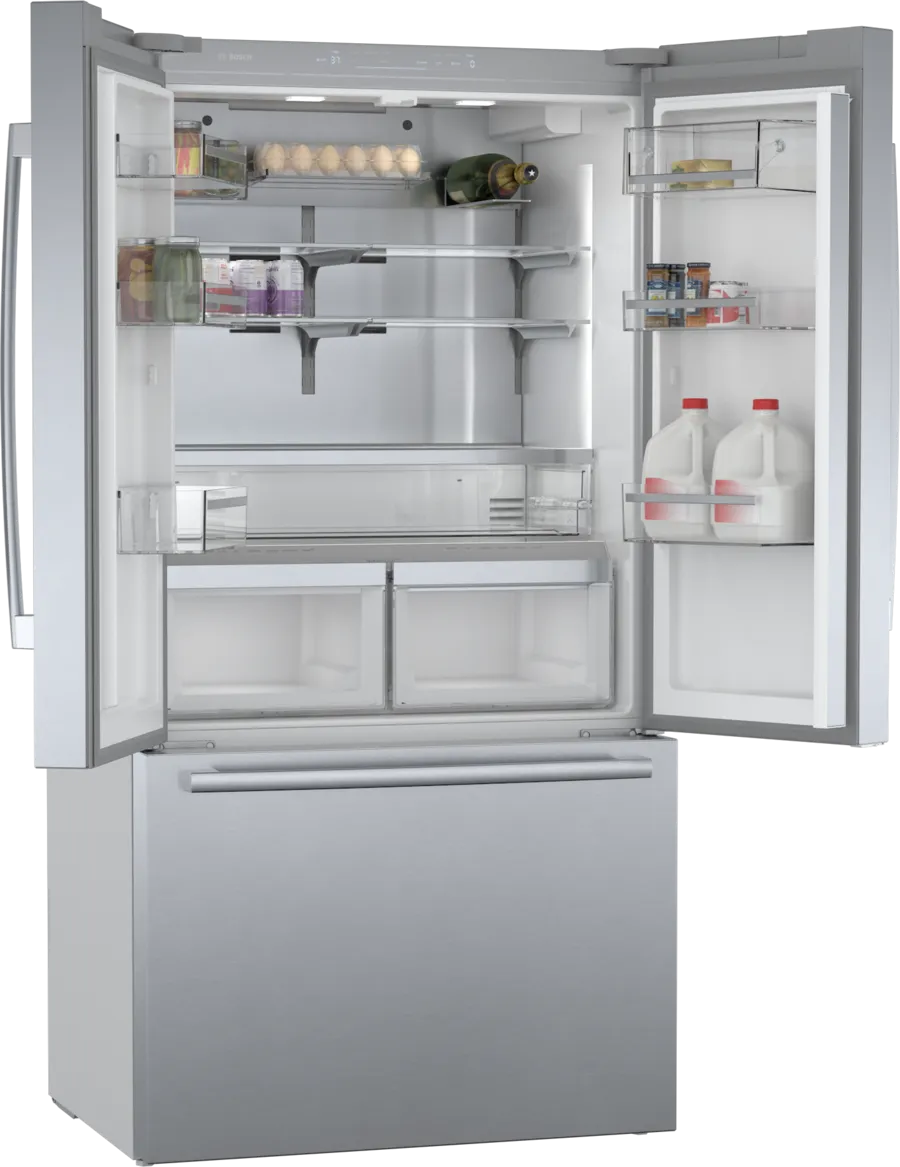 Bosch 800 Series, French Door Bottom freezer, multi door, 36'', Brushed steel (with an