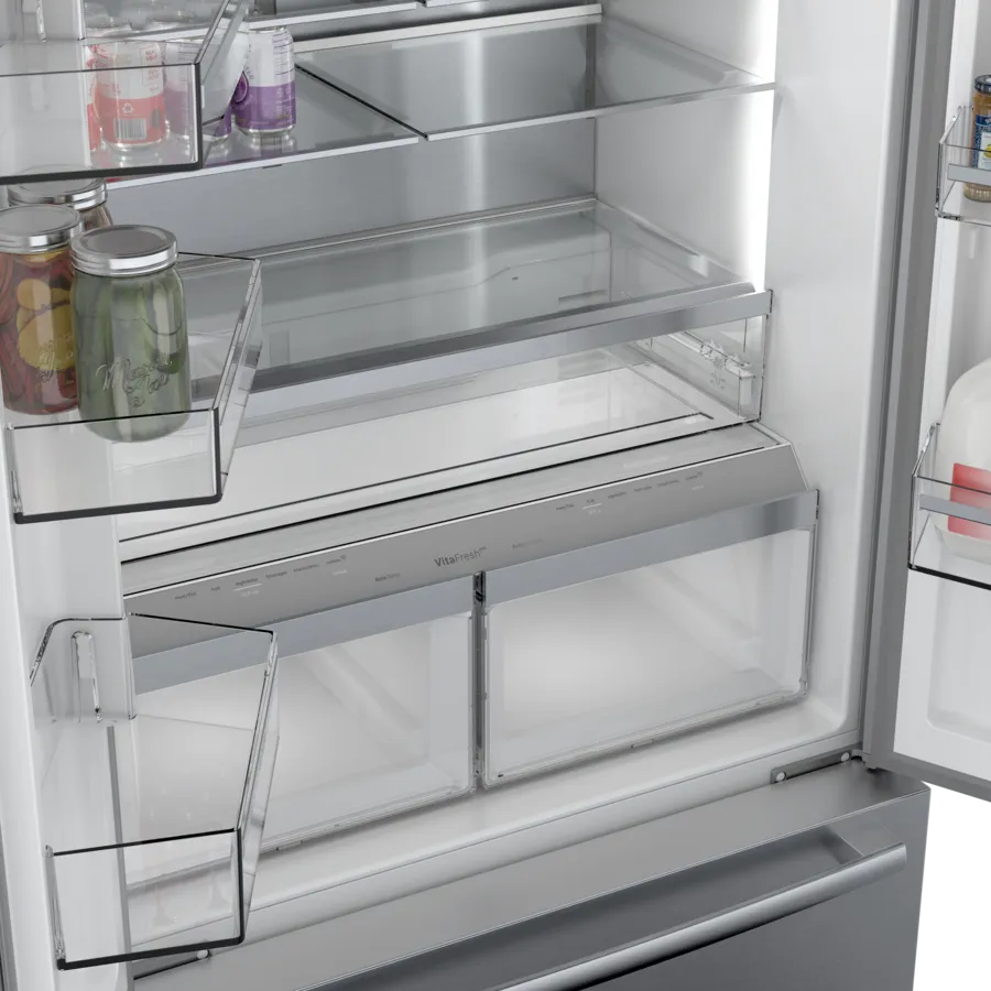 Bosch 800 Series, French Door Bottom freezer, multi door, 36'', Brushed steel (with an