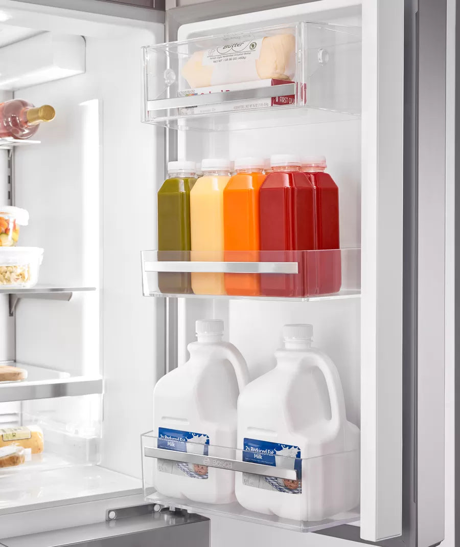 Bosch 800 Series, French Door Bottom freezer, multi door, 36'', Brushed steel (with an