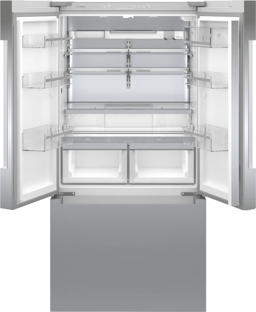 Bosch 800 Series, French Door Bottom freezer, multi door, 36'', Brushed steel (with an