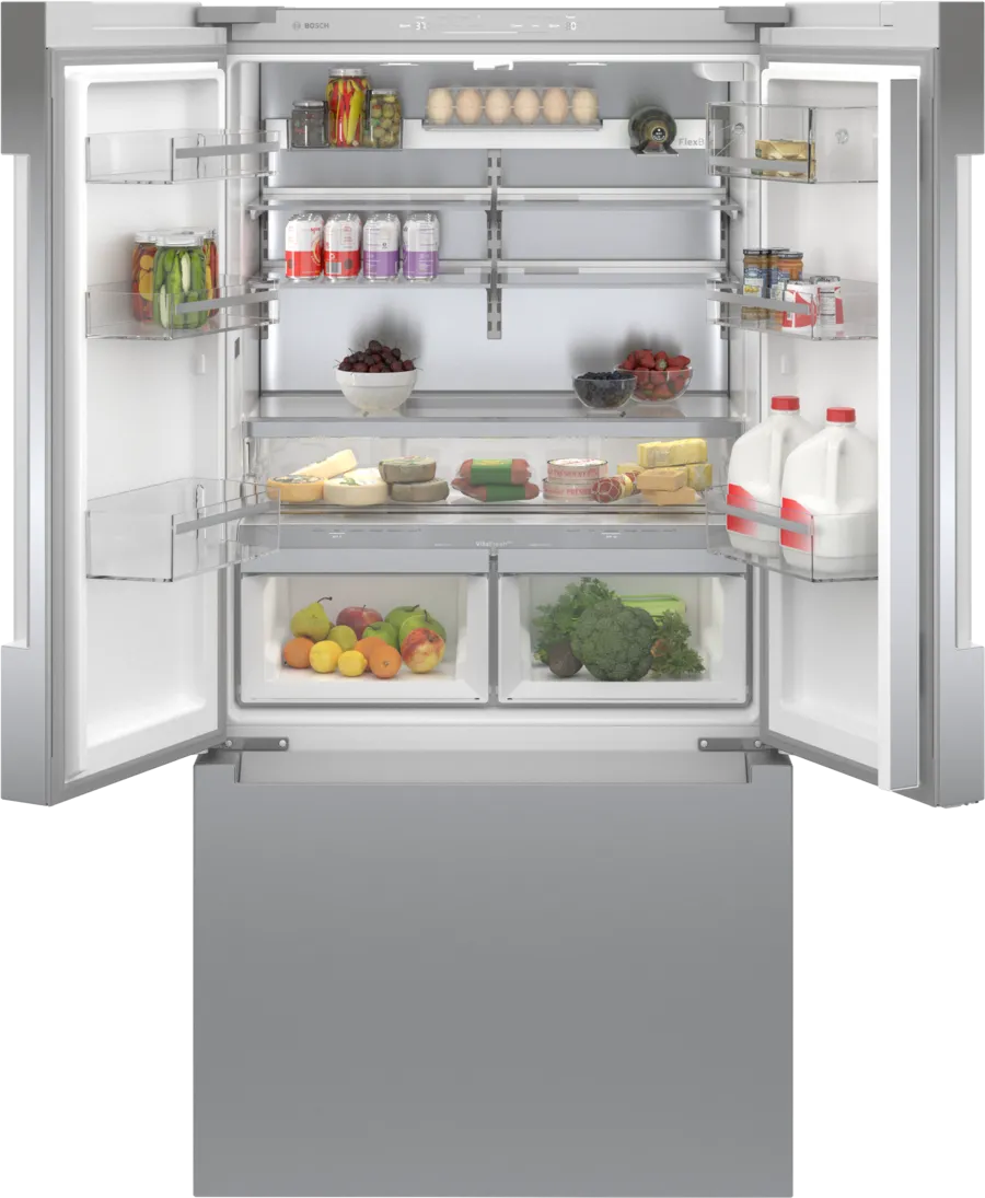 Bosch 800 Series, French Door Bottom freezer, multi door, 36'', Brushed steel (with an