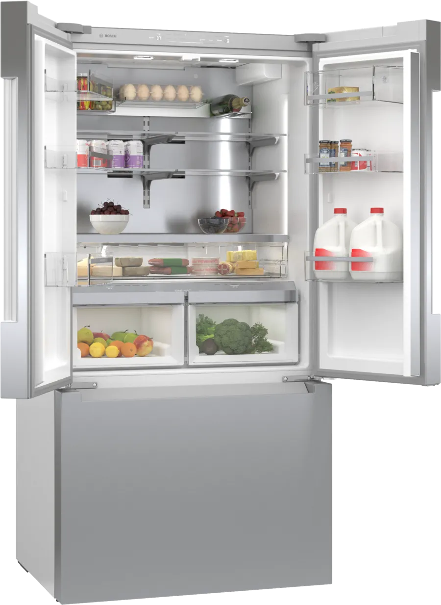 Bosch 800 Series, French Door Bottom freezer, multi door, 36'', Brushed steel (with an