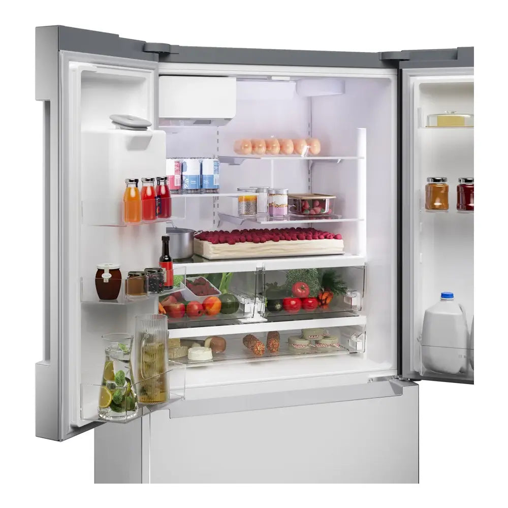 Bosch 100 Series, French Door Bottom freezer, multi door, 36'', Brushed steel (with an