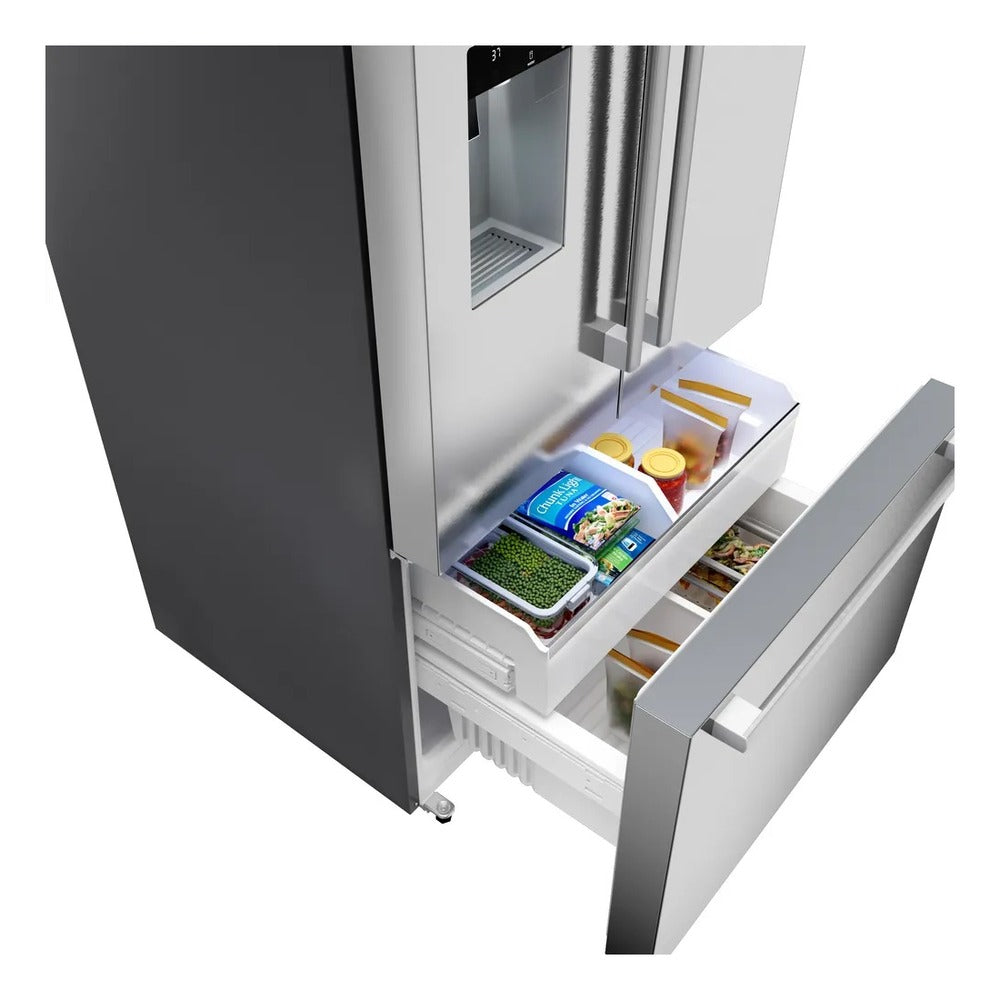 Bosch 500 Series, French Door Bottom freezer, multi door, 36'', Brushed steel (with an