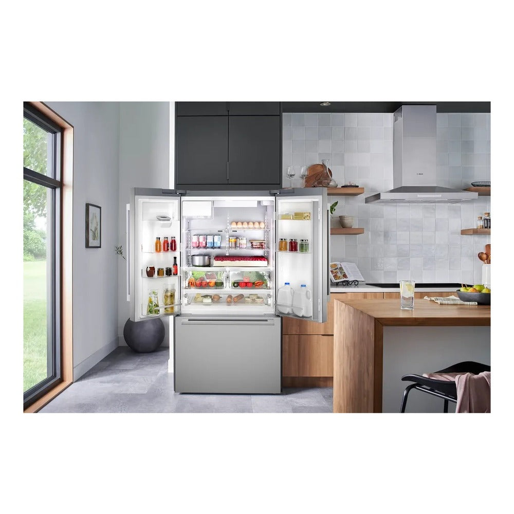 Bosch 500 Series, French Door Bottom freezer, multi door, 36'', Brushed steel (with an
