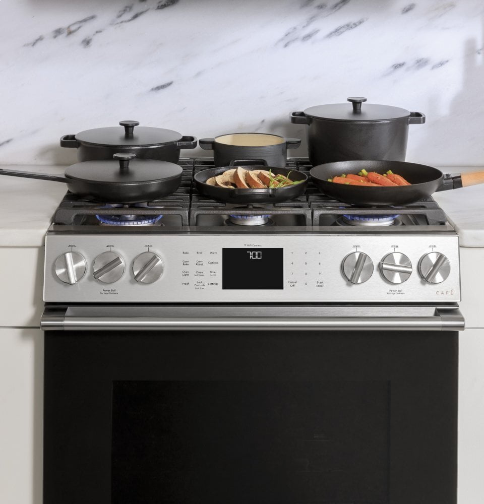 Cafe CAFÉ™ 30" Smart Slide-In, Front-Control, Gas Range with Convection Oven in Plati