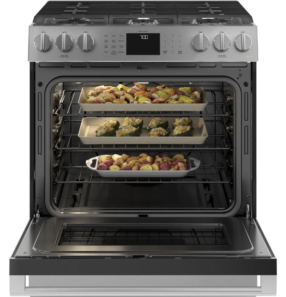 Cafe CAFÉ™ 30" Smart Slide-In, Front-Control, Gas Range with Convection Oven in Plati