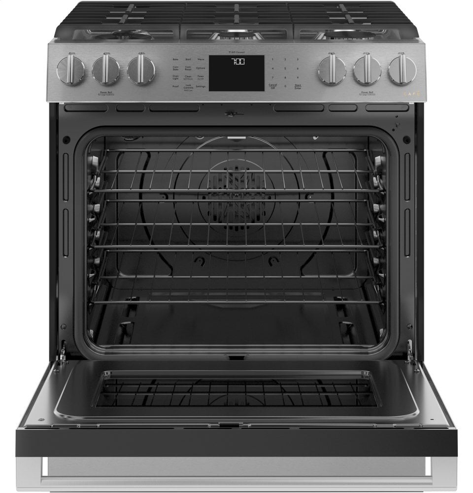 Cafe CAFÉ™ 30" Smart Slide-In, Front-Control, Gas Range with Convection Oven in Plati