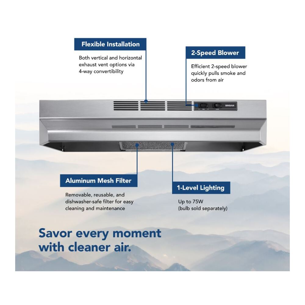 Broan Broan® 24-Inch Convertible Under-Cabinet Range Hood, 230 Max Blower CFM, Stainle