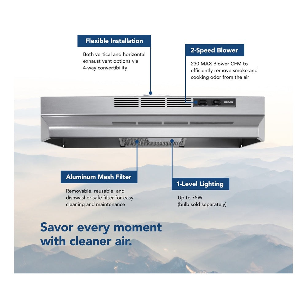 Broan Broan® 30-Inch Convertible Under-Cabinet Range Hood, Stainless Finish with Print