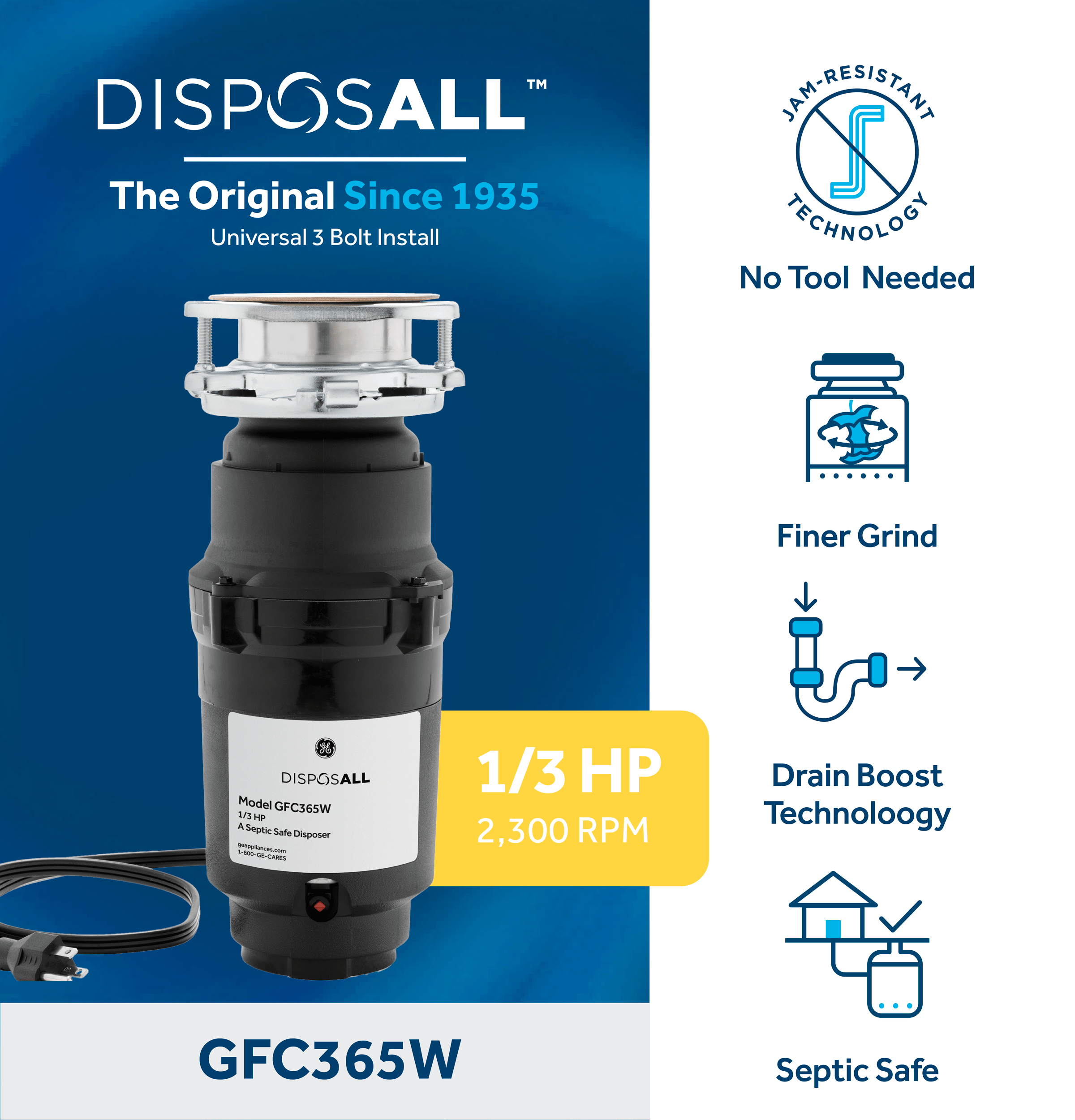 GE GE DISPOSALL® 1/3 HP Continuous Feed Garbage Disposer - Corded