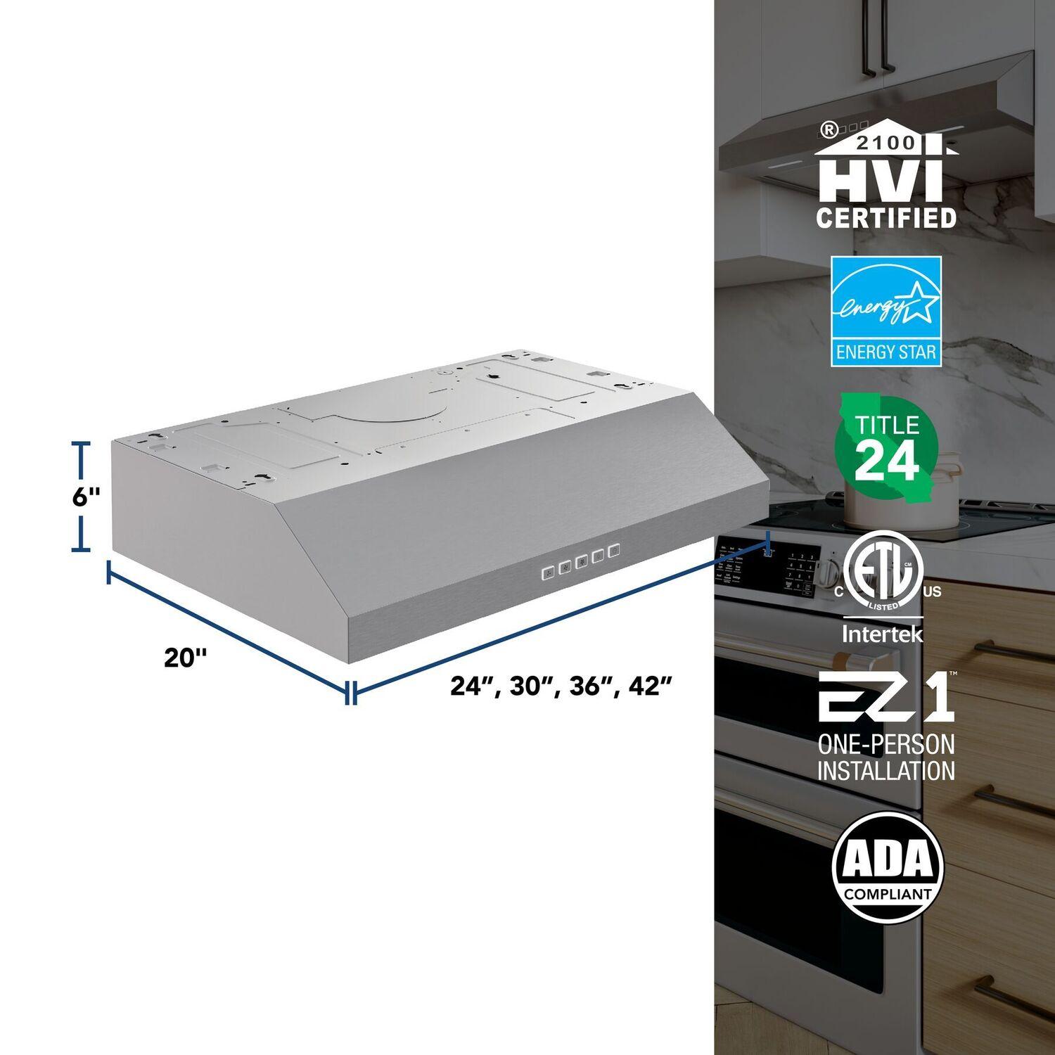 Broan Glacier 36-Inch 350 MAX Blower CFM 1.5 Sones Stainless Range Hood