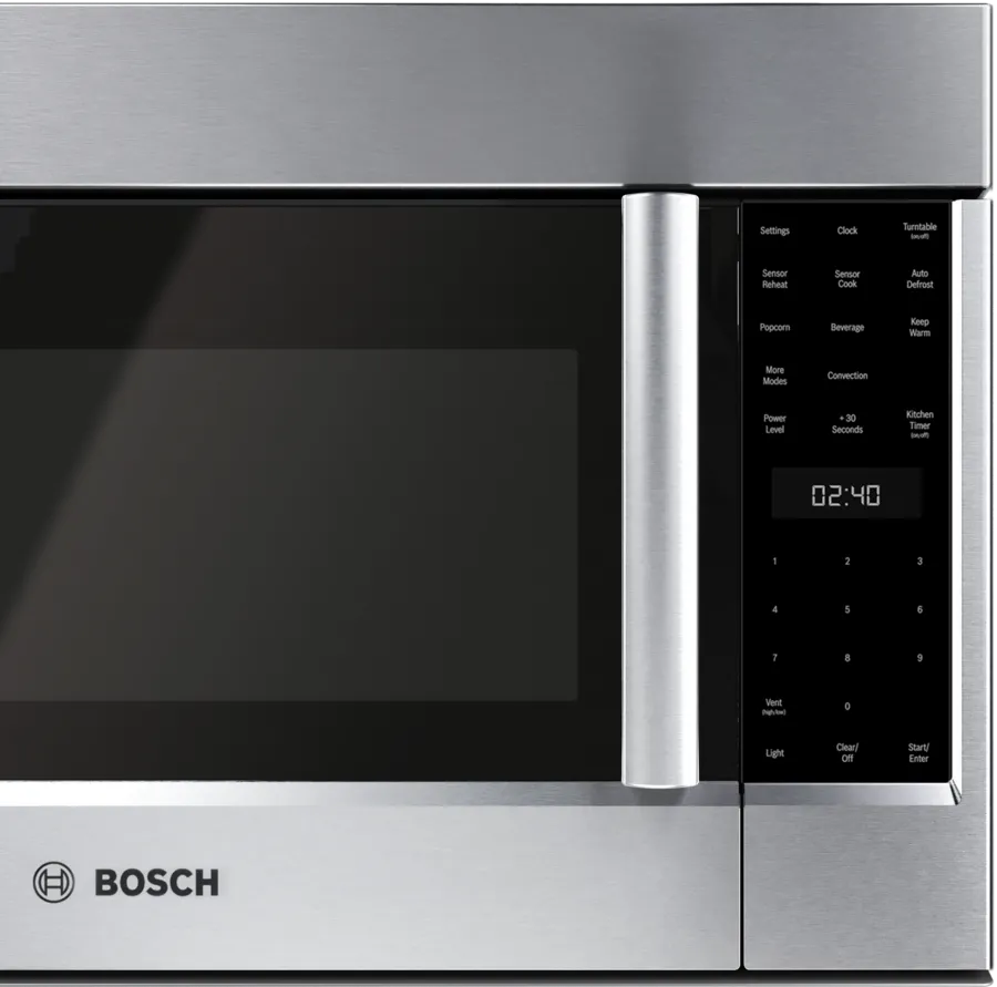 Bosch 800 Series, Over-The-Range Microwave, 30'', Door Hinge: left, Stainless steel