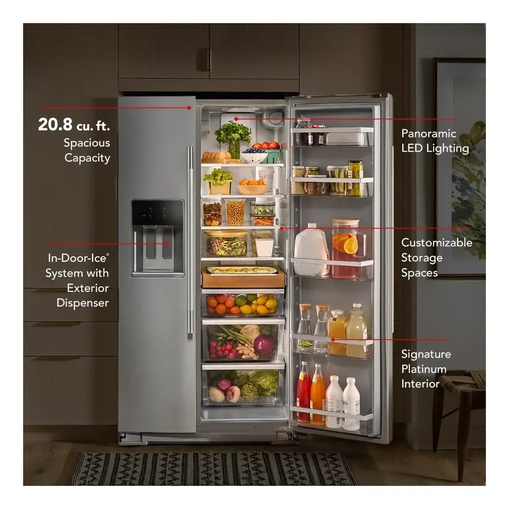 KitchenAid 20.8 Cu. Ft. Counter-Depth Side-by-Side Refrigerator with Exterior Ice and Water