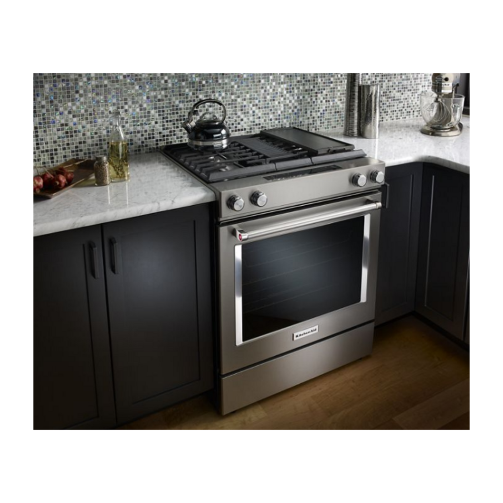 KitchenAid 30-Inch 4-Burner Dual Fuel Downdraft Slide-In Range