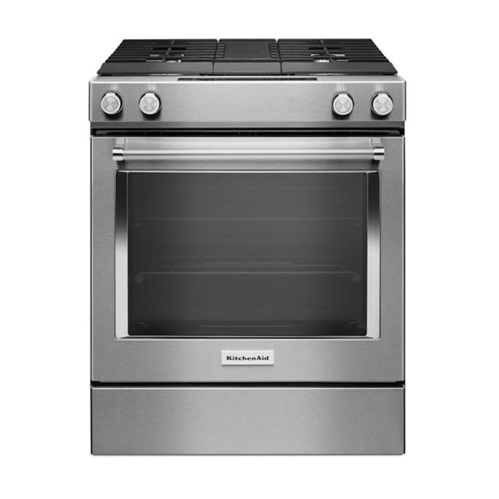 KitchenAid 30-Inch 4-Burner Dual Fuel Downdraft Slide-In Range
