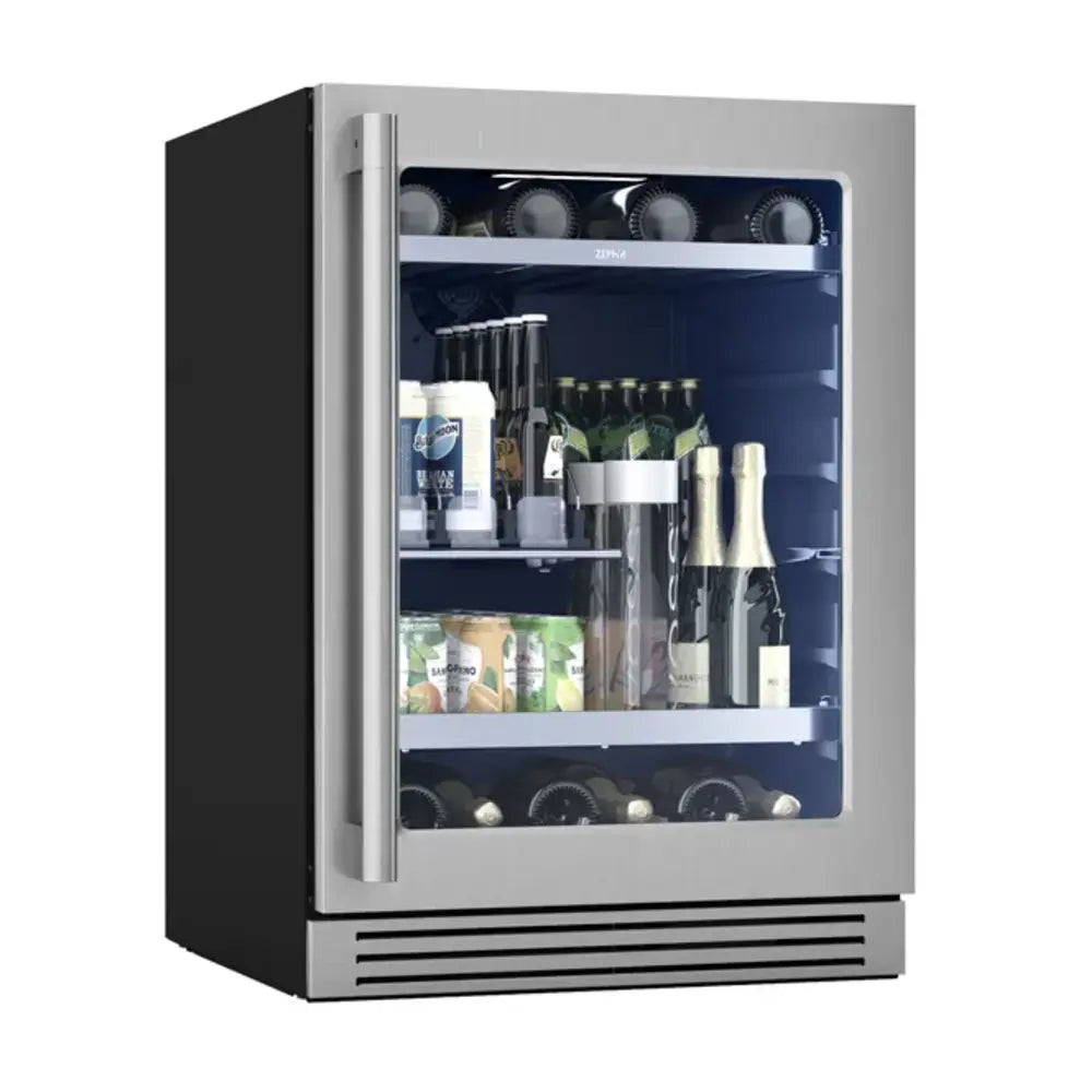 Zephyr Presrv Pro Beverage Cooler, 24in Under Cabinet, SS+Glass, Reverse Door, 1 Zone